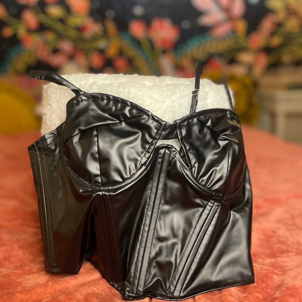 Cute corset top. Black faux leather. Zippered back.